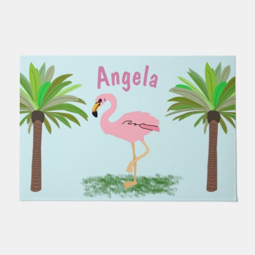 Pink Flamingo And Palm Trees Personalized Doormat
