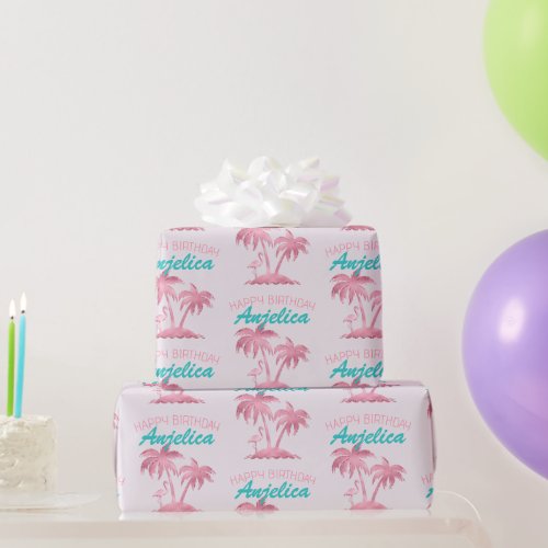 Pink Flamingo and Palm Trees Wrapping Paper