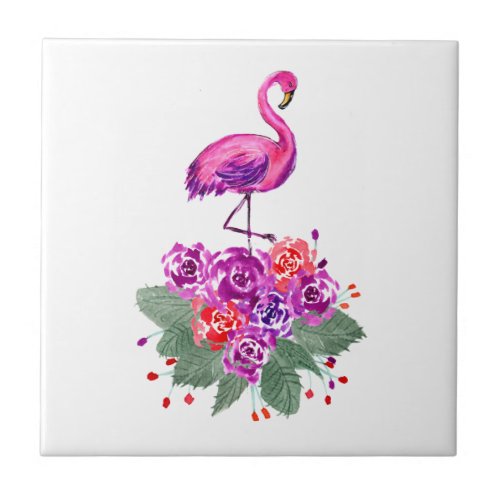 Pink Flamingo and Roses Ceramic Tile