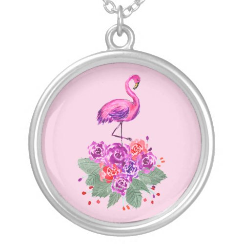 Pink Flamingo and Roses Silver Plated Necklace