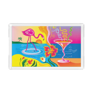 Pink Flamingo and Summer Cocktail Acrylic Tray