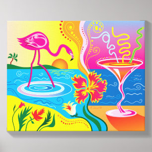 Pink Flamingo and Summer Cocktail Canvas Photo Tile