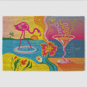 Pink Flamingo and Summer Cocktail Fiber Doormat