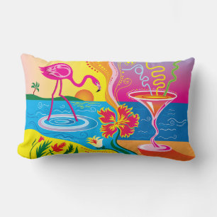 Pink Flamingo and Summer Cocktail Lumbar Pillow