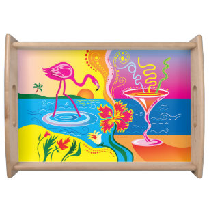Pink Flamingo and Summer Cocktail Serving Tray