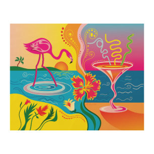Pink Flamingo and Summer Cocktail Wood Wall Art