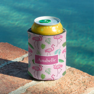 Pink flamingo and tropical leaves Custom Can Cooler