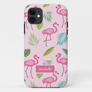 Pink flamingo and tropical leaves Custom Name iPhone 11 Case