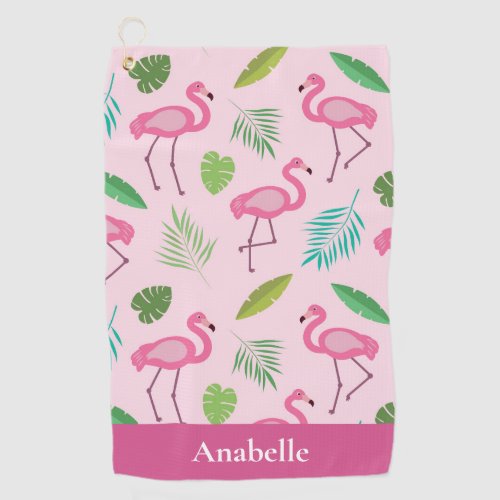 Pink flamingo and tropical leaves personalized   golf towel