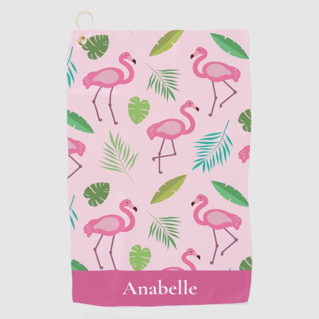 Pink flamingo and tropical leaves personalized   golf towel (Front)