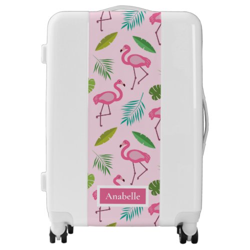 Pink flamingo and tropical leaves personalized    luggage