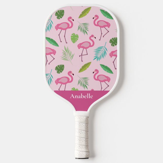 Pink flamingo and tropical leaves personalized   pickleball paddle (Front)