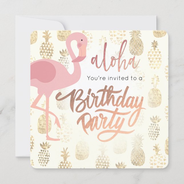 pink flamingo and tropical pineapples invitation (Front)
