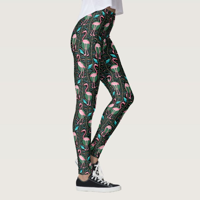 Pink Flamingo Art Deco Ferns Pattern 20s Birds Leggings (Right)