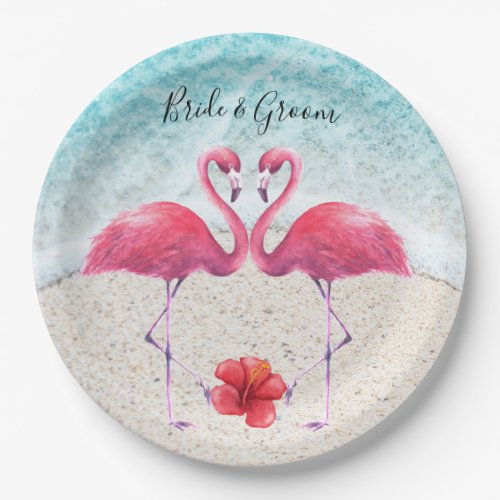 Pink Flamingo at the beach Wedding Paper Plates