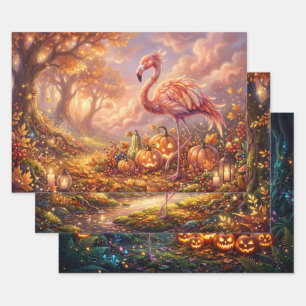 Pink Flamingo Autumn Pumpkin Glow Wrapping Paper Sheets