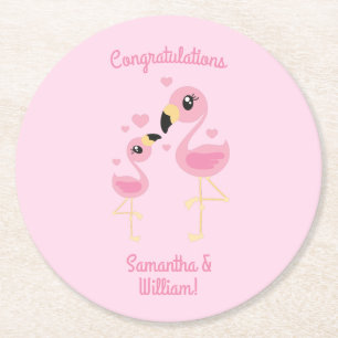 Pink Flamingo Baby Shower Round Paper Coaster