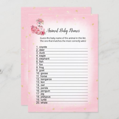 Pink Flamingo Ballerina Animal Baby Names Game Invitation