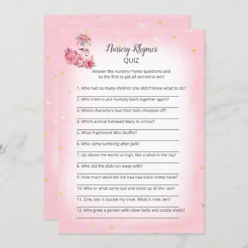 Pink Flamingo Ballerina Nursery Rhymes Shower Game Invitation