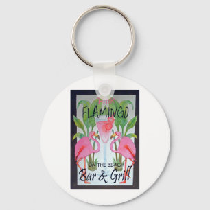Pink Flamingo Bar & Grill Beach Drink Theme Keychain
