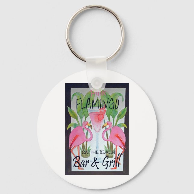 Pink Flamingo Bar & Grill Beach Drink Theme Keychain (Front)