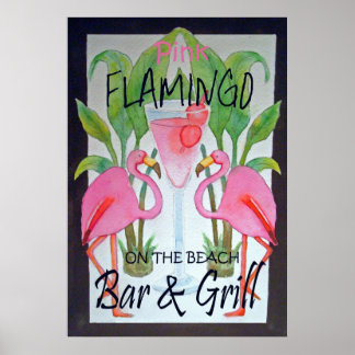 Pink Flamingo Bar & Grill Beach Poster Watercolor