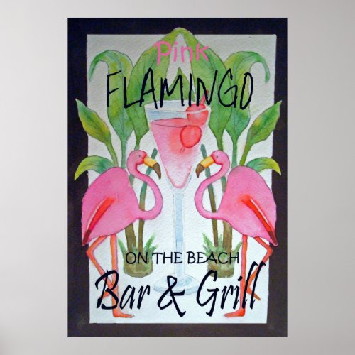 Pink Flamingo Bar  Grill Beach Poster Watercolor