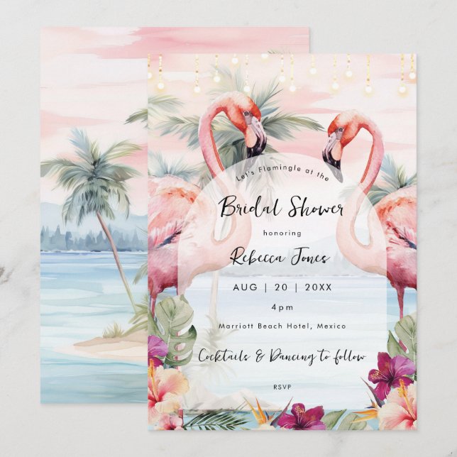 Pink Flamingo beach bridal shower invitation (Front/Back)