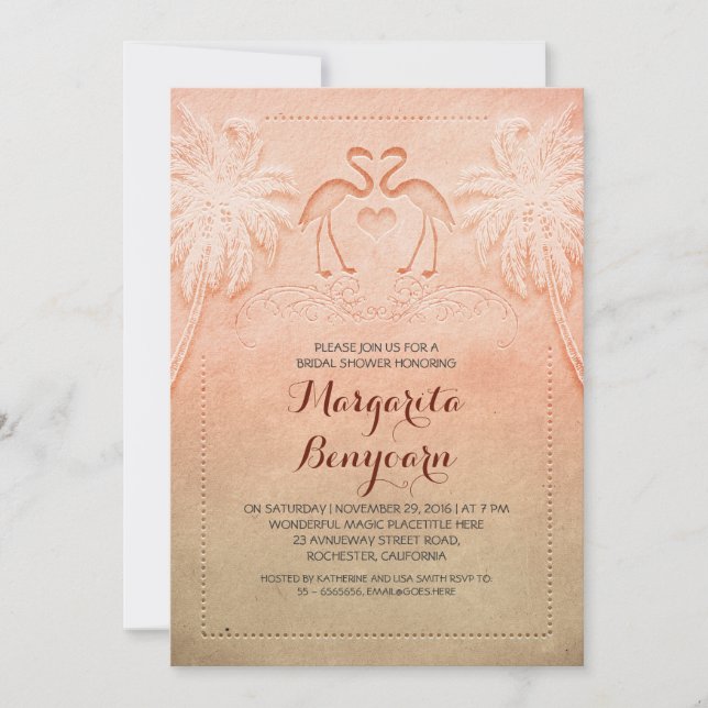 pink flamingo beach bridal shower invitations (Front)