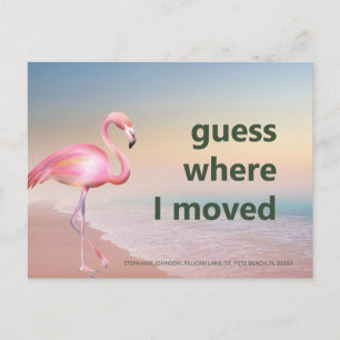 Pink Flamingo Beach Sunset Guess Where I Moved Announcement Postcard