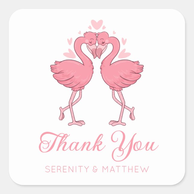 Pink Flamingo Beach Tropical Wedding Thank You Square Sticker (Front)