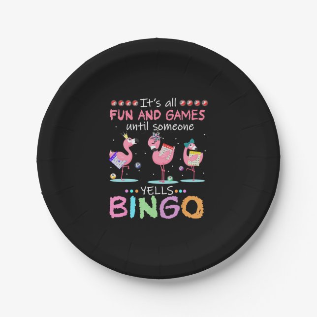 Pink Flamingo Bingo Funny Gift Art Paper Plates (Front)