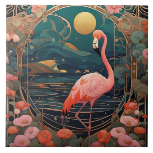 Pink Flamingo Bird Art Nouveau Art Deco Ceramic Tile