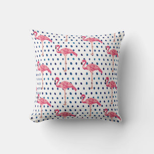 Pink Flamingo Bird Blue Dot Pattern Throw Pillow