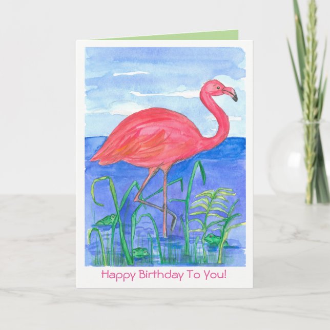 Pink Flamingo Bird Happy Birthday Card (Front)