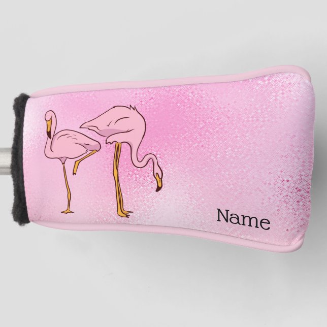 Pink Flamingo Bird on Pink Background Golf Head Cover (Front)