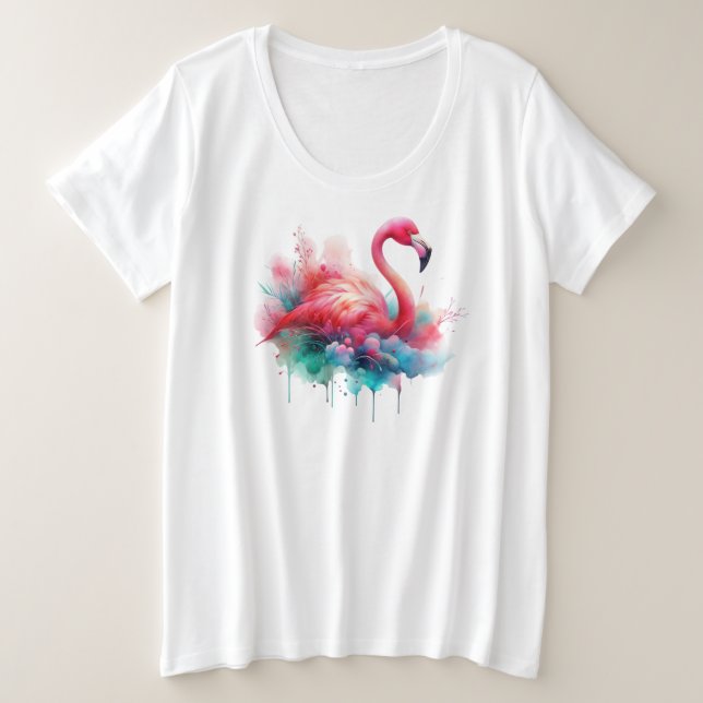 Pink Flamingo Bird Sublimation Plus Size T-Shirt (Design Front)