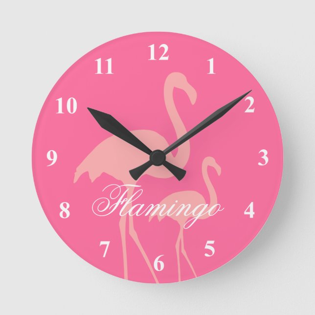 Pink flamingo bird wall clock with custom text (Front)