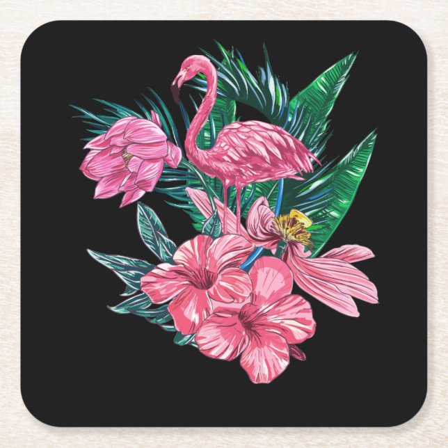 Pink Flamingo Bird Watercolor Artwork Square Paper Coaster (Front)