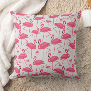 Pink Flamingo Bird Watercolor on Light Gray Design Throw Pillow