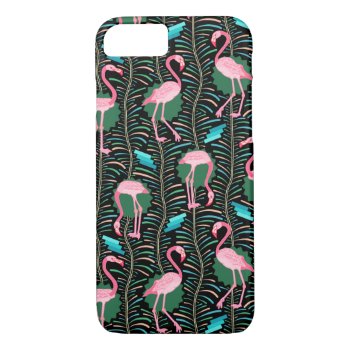 Pink Flamingo Birds 20s Art Deco Ferns Black Iphone 8/7 Case by FancyCelebration at Zazzle