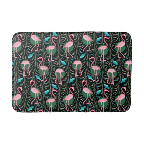 Pink Flamingo Birds 20s Deco Ferns Pattern Black Bathroom Mat