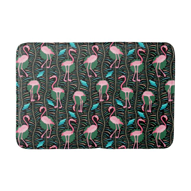 Pink Flamingo Birds 20s Deco Ferns Pattern Black Bathroom Mat (Front)