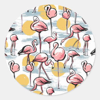 Pink Flamingo birds and sunset | Tropical Tango Classic Round Sticker
