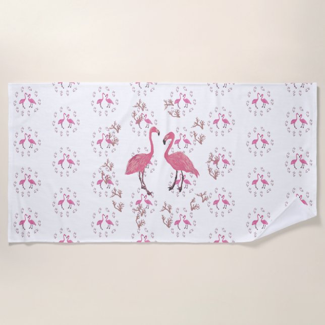 Pink Flamingo Birds Art Beach Towel (Front)