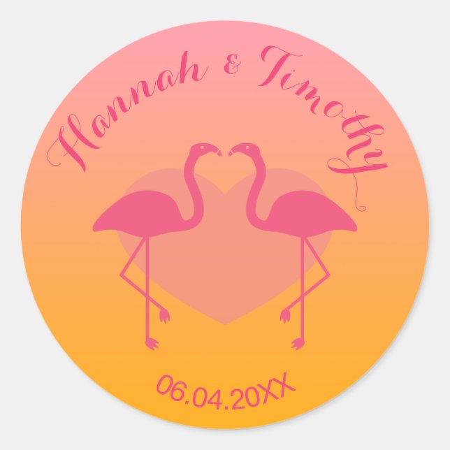Pink Flamingo Birds Custom Wedding Classic Round Sticker (Front)
