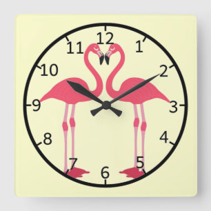 Pink flamingo-birds-love-heart square wall clock