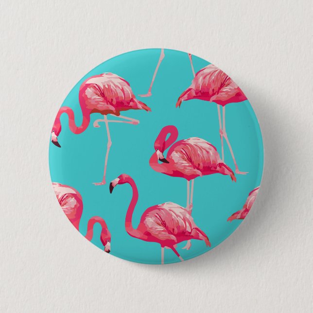 Pink flamingo birds on turquoise background button (Front)