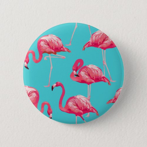 Pink flamingo birds on turquoise background button