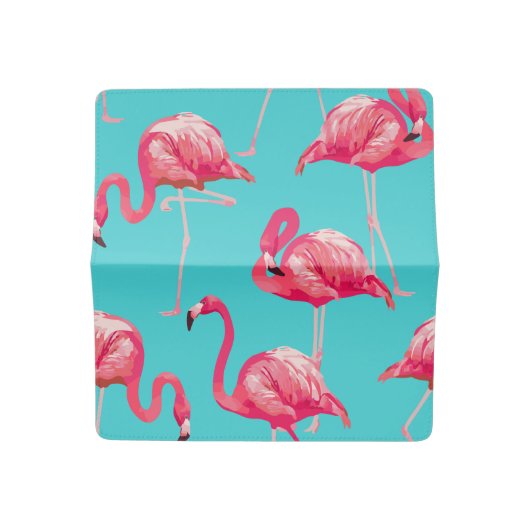 Pink flamingo birds on turquoise background checkbook cover (Open)